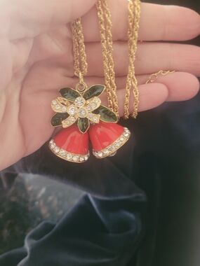 Gold-Tone Red Bell Pendant Necklace with Crystal Accents